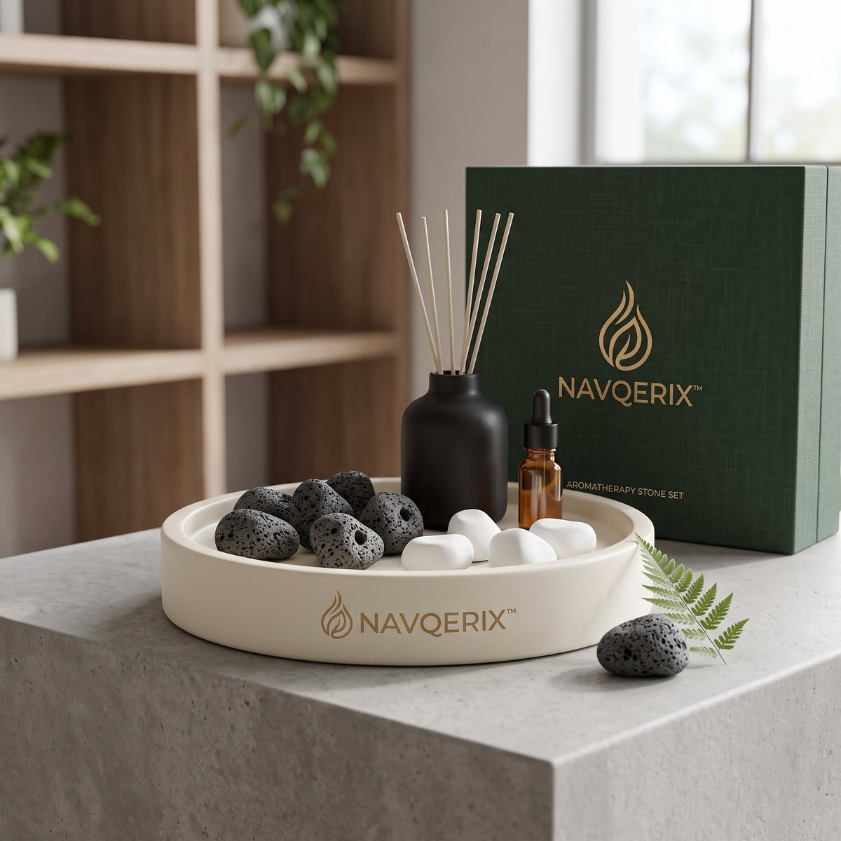 NAVQERIX™ Luxury Aromatherapy Stone Set – Natural Lava Rocks &amp; Pebble Diffuser with Essential Oil Dropper, Matte Black Reed Diffuser, Ceramic Display Tray &amp; Premium Gift Box for Home, Spa &amp; Meditation