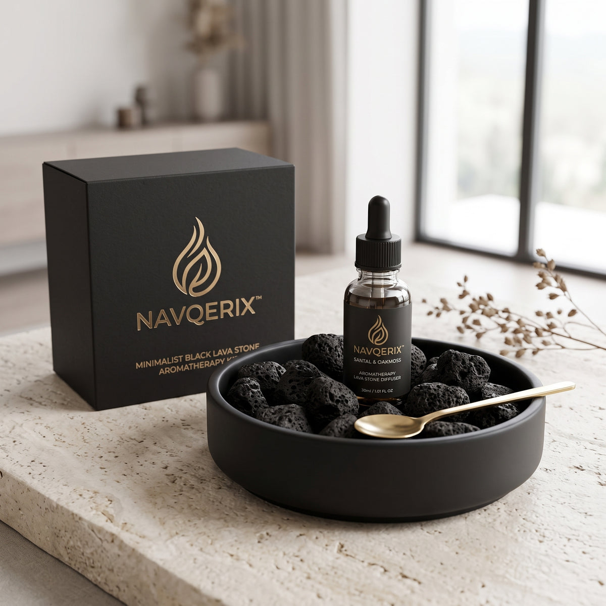 NAVQERIX™ Minimalist Black Lava Stone Diffuser Set with Santal &amp; Oakmoss Essential Oil (30ml) – Matte Ceramic Bowl &amp; Gold Accent Spoon