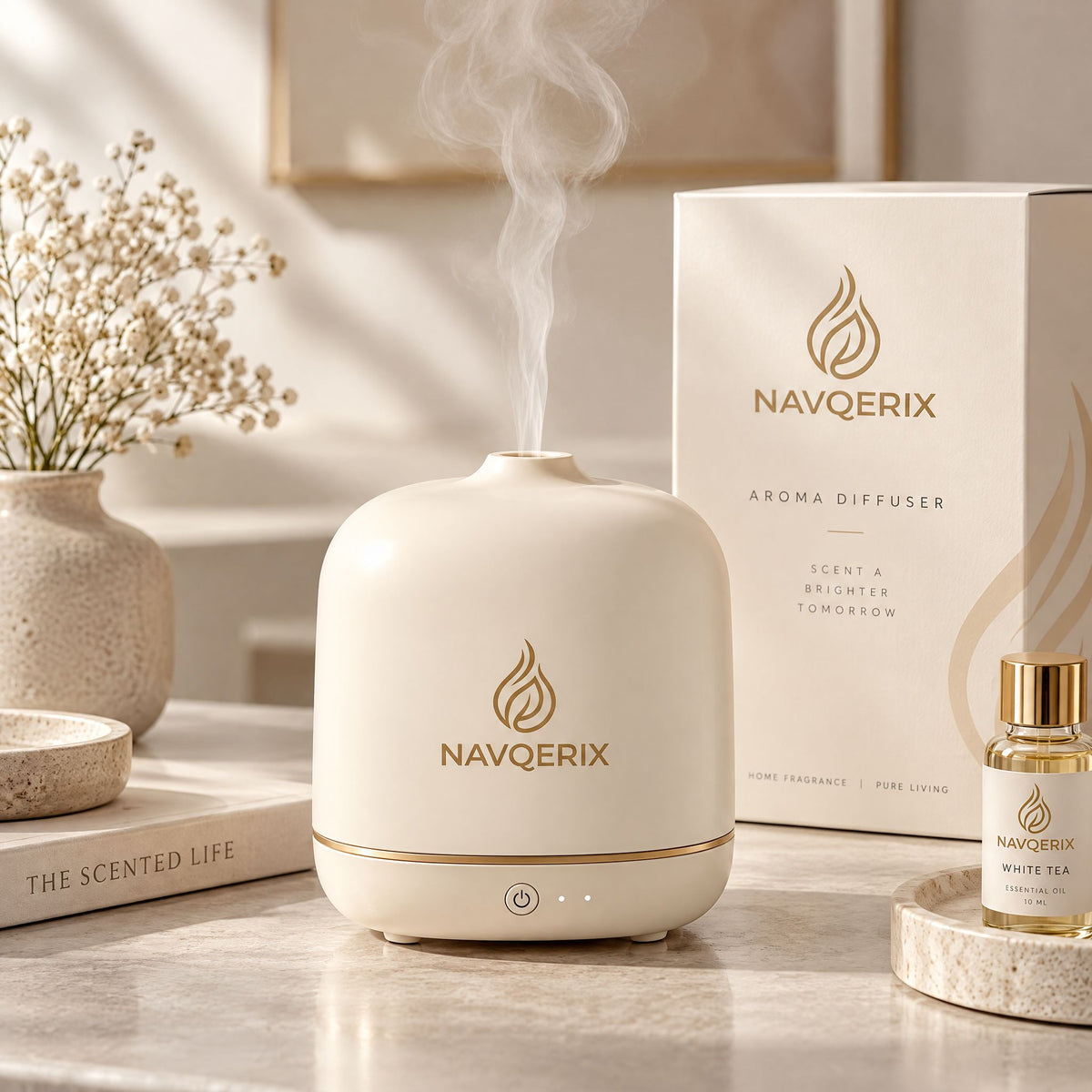 Navqerix™ Ceramic Essential Oil Diffuser Gift Set with 10ml White Tea Oil, Ultra-Quiet Ultrasonic Aromatherapy Humidifier for Home, Bedroom &amp; Office