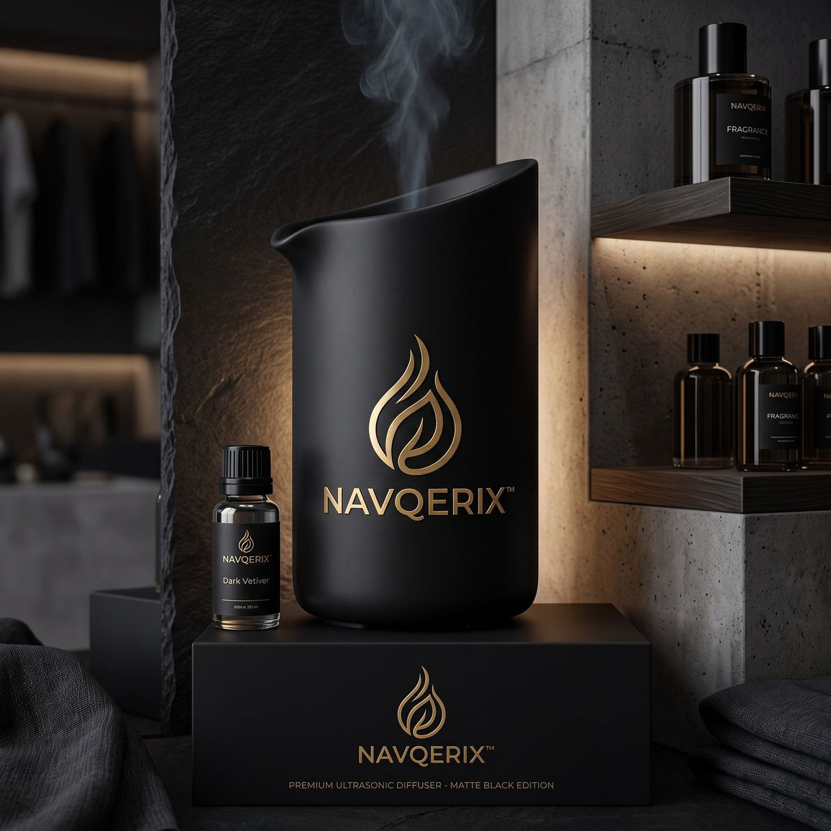 NAVQERIX™ Premium Ultrasonic Essential Oil Diffuser – Matte Black Edition with Signature "Dark Vetiver" Fragrance Oil