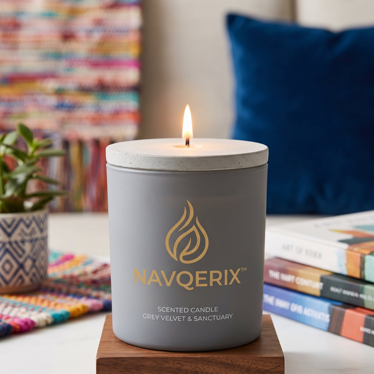 Navqerix™ Scented Candle – "Grey Velvet &amp; Sanctuary", Luxury Matte Grey Soy Aromatherapy Candle with Concrete Lid &amp; Natural Wood Stand, Ideal for Stress Relief &amp; Home Decor