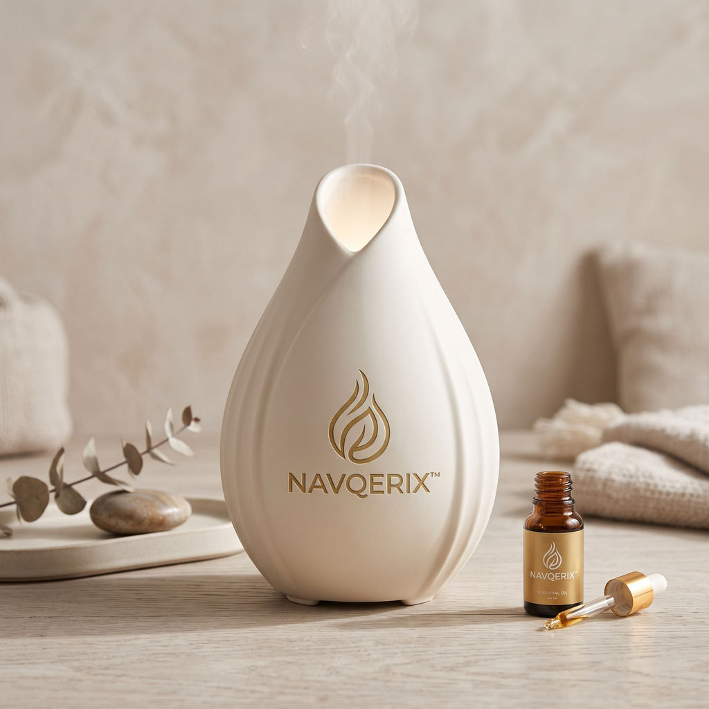 NAVQERIX™ Ceramic Essential Oil Diffuser – Teardrop Ultrasonic Aromatherapy Mist Humidifier with Warm Ambient Light