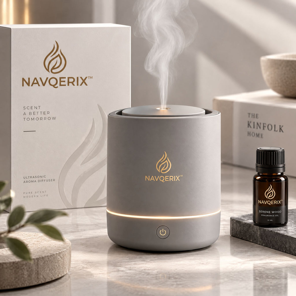 NAVQERIX™ Ultrasonic Aroma Diffuser Set with Warm Ambient Light &amp; 10ml Serene Wood Essential Oil – Modern Matte Finish Whisper-Quiet Aromatherapy Diffuser for Home, Office &amp; Bedroom Decor