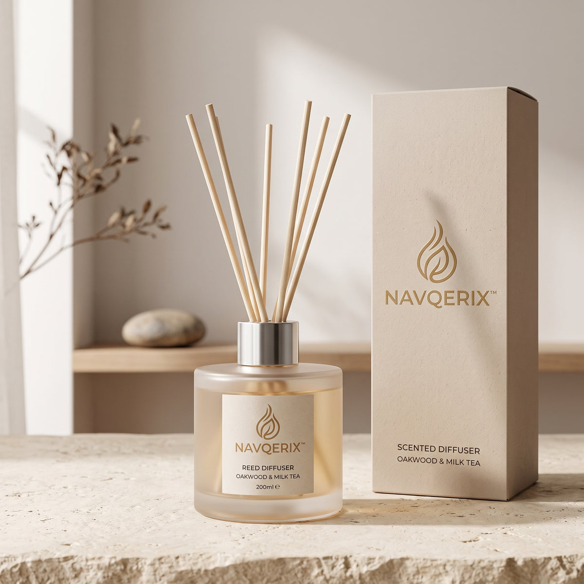 NAVQERIX™ Oakwood &amp; Milk Tea Luxury Reed Diffuser (200ml) – Long-Lasting Natural Rattan Scent Diffuser for Home, Office &amp; Gifting