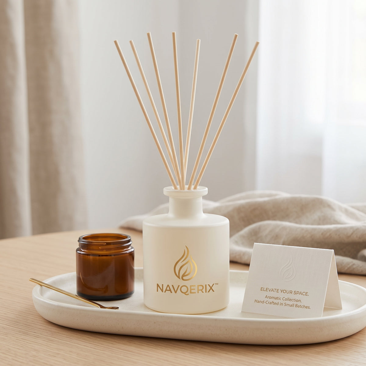 Navqerix™ Luxury Matte White Reed Diffuser Set – Hand-Crafted Aromatherapy Scent Diffuser with Natural Rattan Sticks for Home &amp; Office Decor