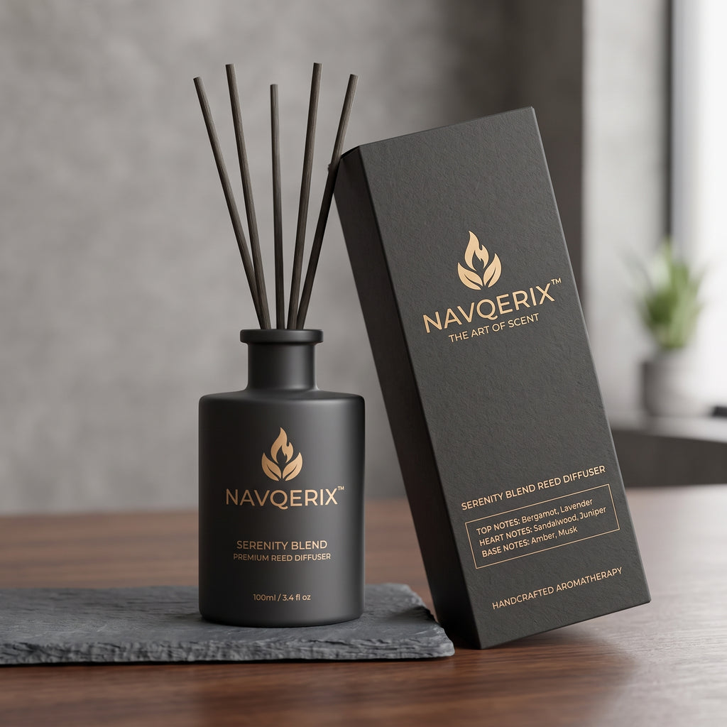 NAVQERIX™ Serenity Blend Reed Diffuser (100ml / 3.4 fl oz) – Luxury Matte Black Aromatherapy Scented Oil Diffuser with Reeds – Bergamot, Sandalwood &amp; Amber Long-Lasting Home Fragrance Decor