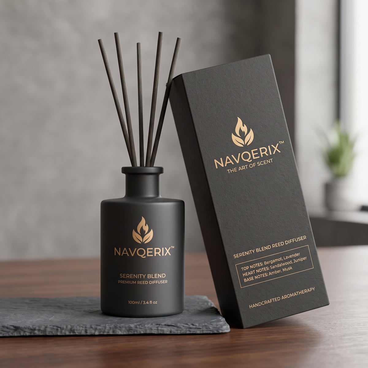 NAVQERIX™ Serenity Blend Reed Diffuser (100ml / 3.4 fl oz) – Luxury Matte Black Aromatherapy Scented Oil Diffuser with Reeds – Bergamot, Sandalwood &amp; Amber Long-Lasting Home Fragrance Decor