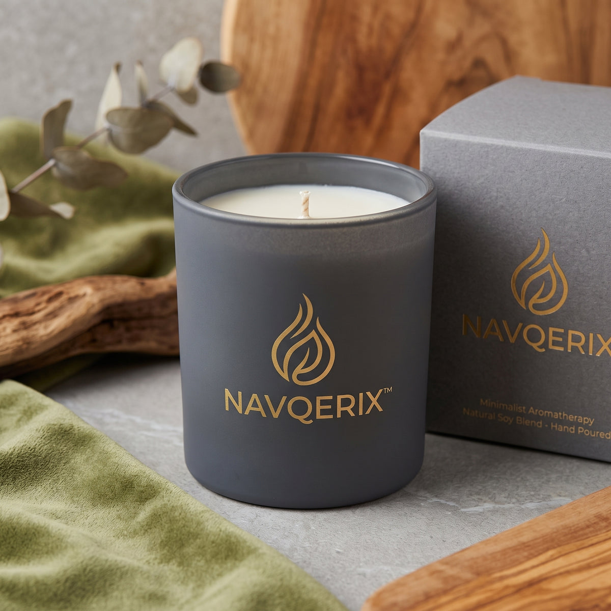 NAVQERIX™ Minimalist Aromatherapy Scented Candle – Matte Charcoal Grey Jar, Hand-Poured Natural Soy Wax Blend for Home Relaxation &amp; Modern Décor