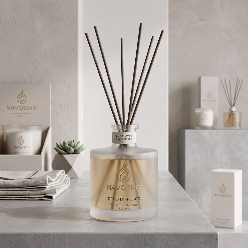 NAVQERIX™ Luxury Reed Diffuser – Sandalwood &amp; White Tea (500ml / 16.9 fl. oz.) | Natural Essence Aromatherapy Home Fragrance with Premium Rattan Reeds