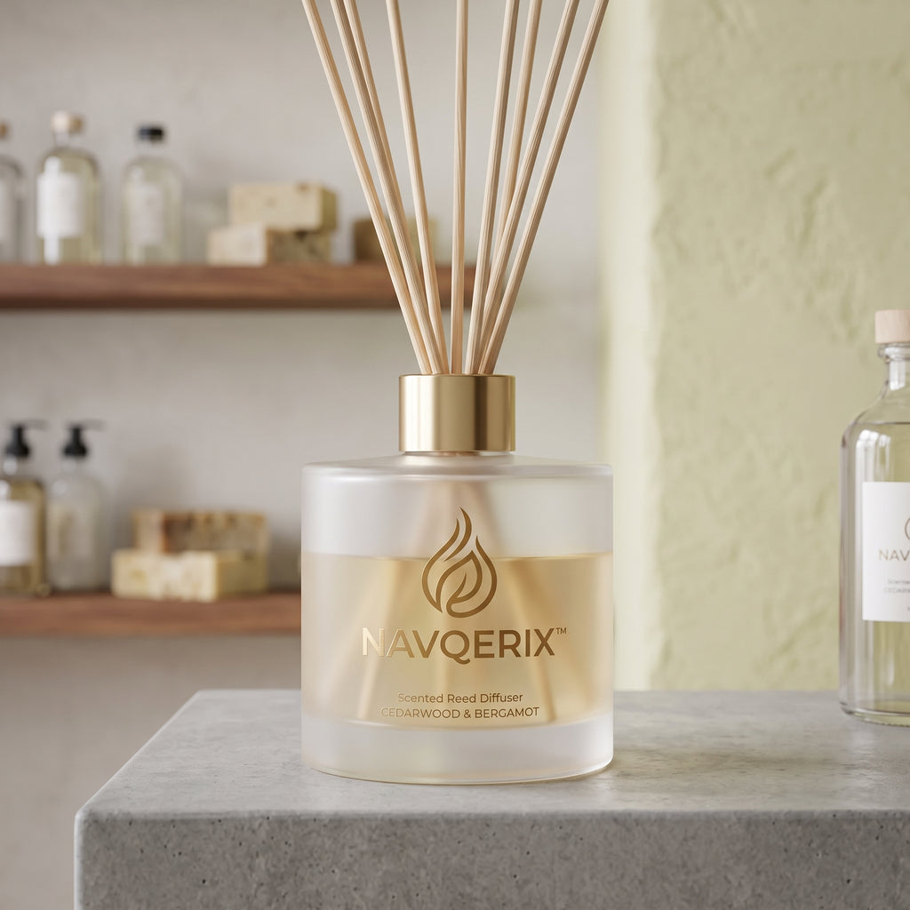 NAVQERIX™ Cedarwood &amp; Bergamot Scented Reed Diffuser – Frosted Glass Aromatherapy Essential Oil Diffuser with Natural Reeds for Home &amp; Office