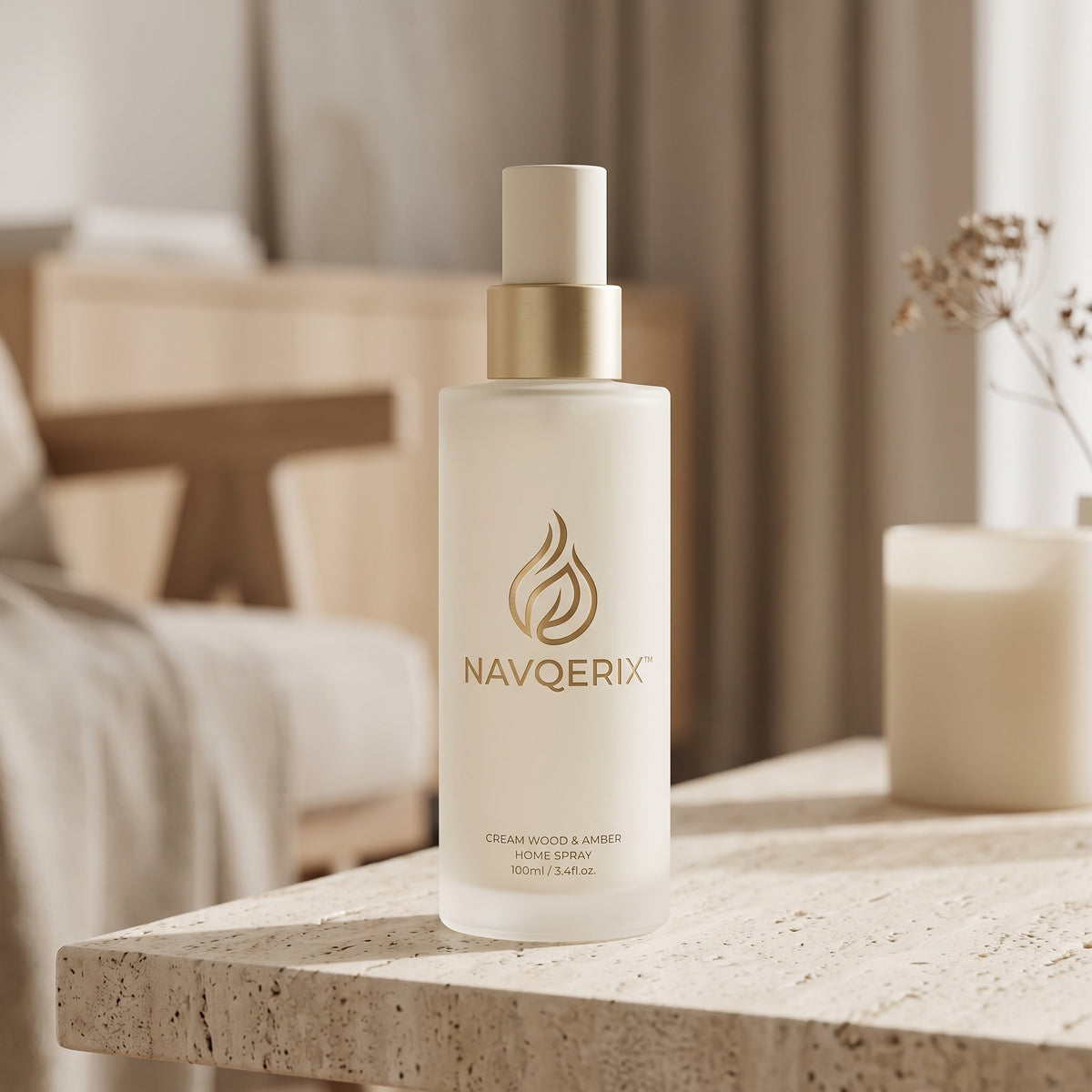 NAVQERIX™ Cream Wood &amp; Amber Luxury Home Spray – 100ml / 3.4 fl. oz. Room &amp; Linen Mist