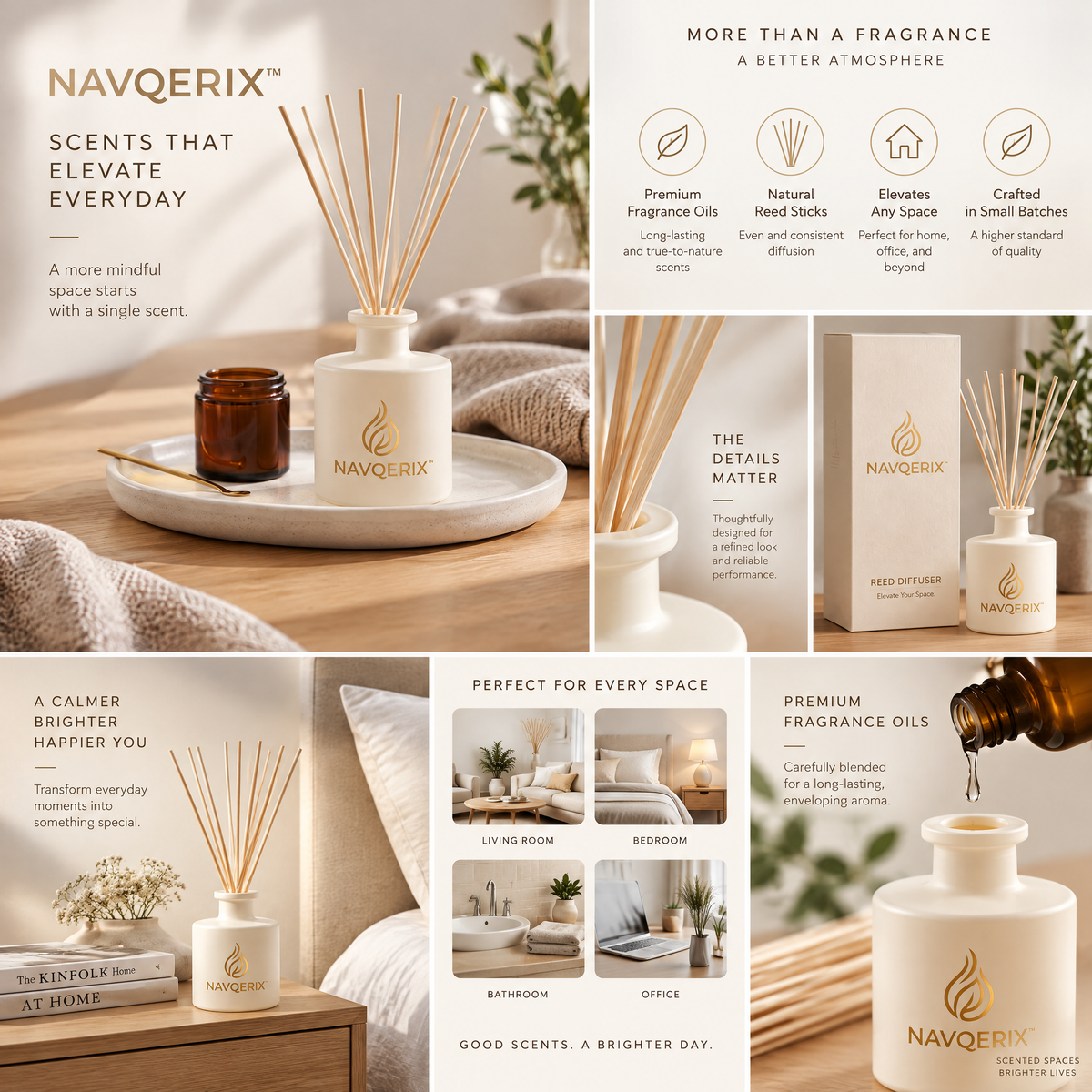 Navqerix™ Luxury Matte White Reed Diffuser Set – Hand-Crafted Aromatherapy Scent Diffuser with Natural Rattan Sticks for Home &amp; Office Decor