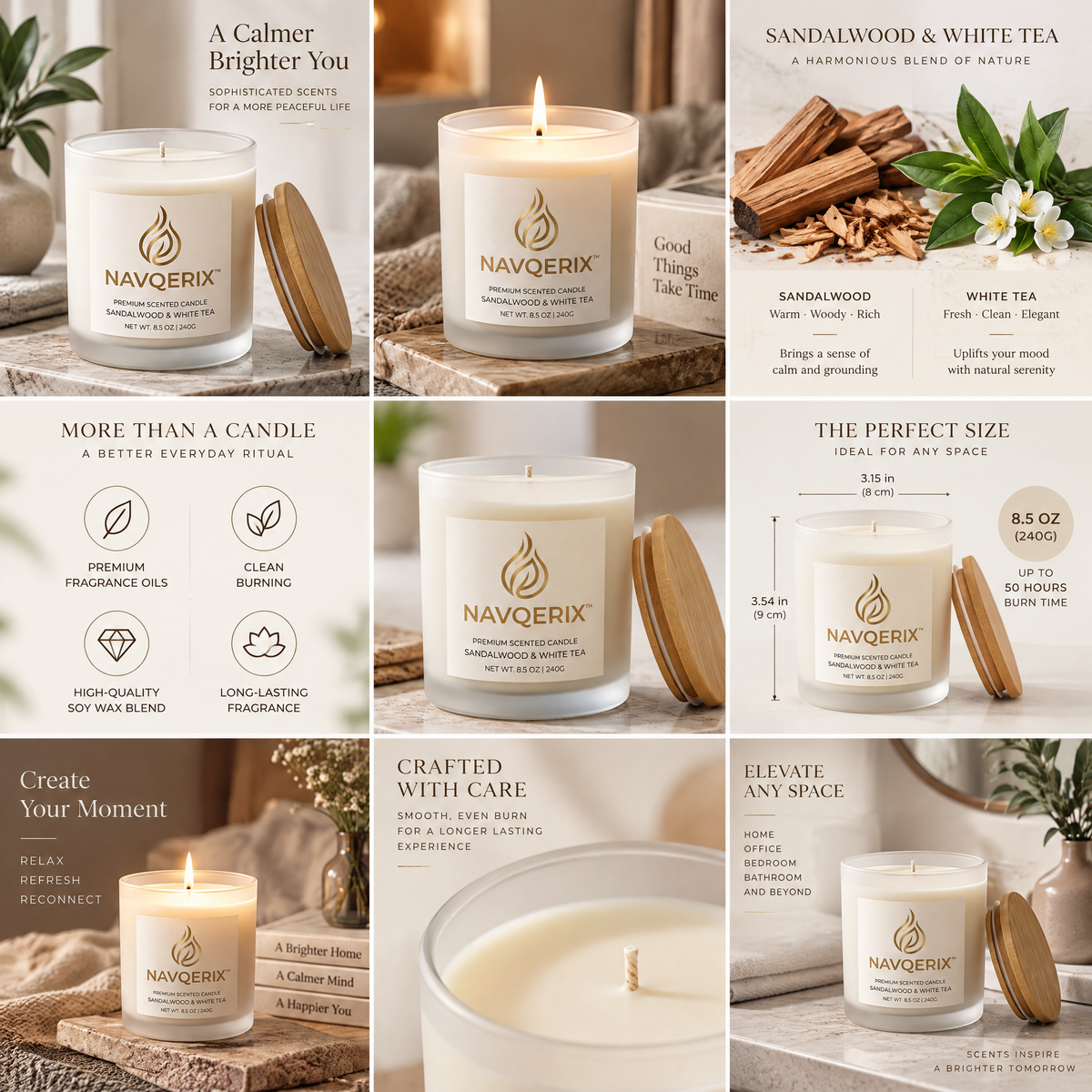 NAVQERIX™ Sandalwood &amp; White Tea Scented Candle – 8.5 oz / 240g Natural Soy Wax Aromatherapy Candle in Frosted Glass Jar with Wooden Lid