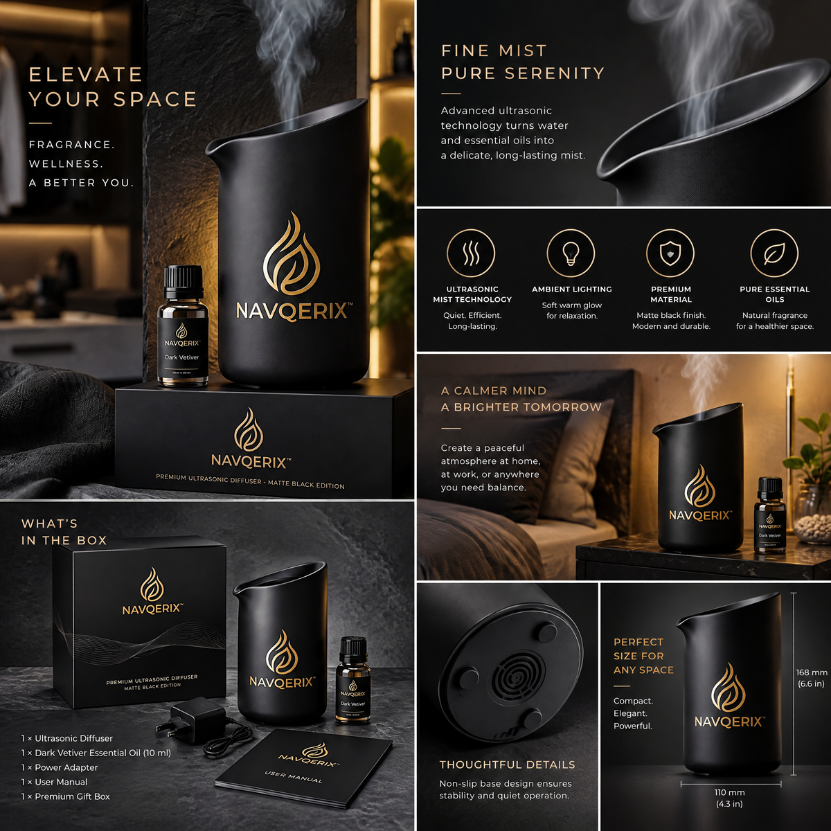 NAVQERIX™ Premium Ultrasonic Essential Oil Diffuser – Matte Black Edition with Signature "Dark Vetiver" Fragrance Oil