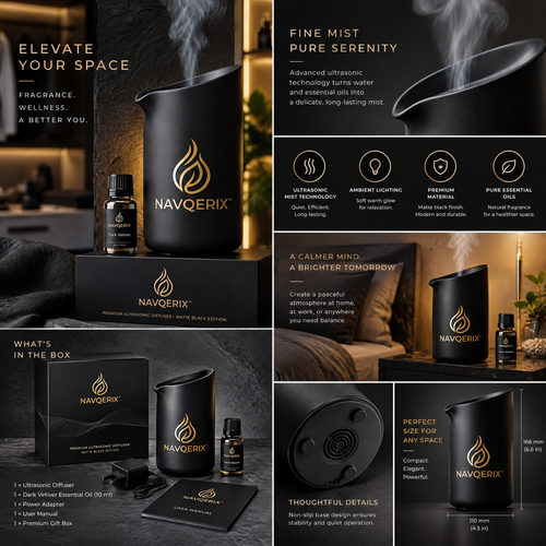 NAVQERIX™ Premium Ultrasonic Essential Oil Diffuser – Matte Black Edition with Signature "Dark Vetiver" Fragrance Oil