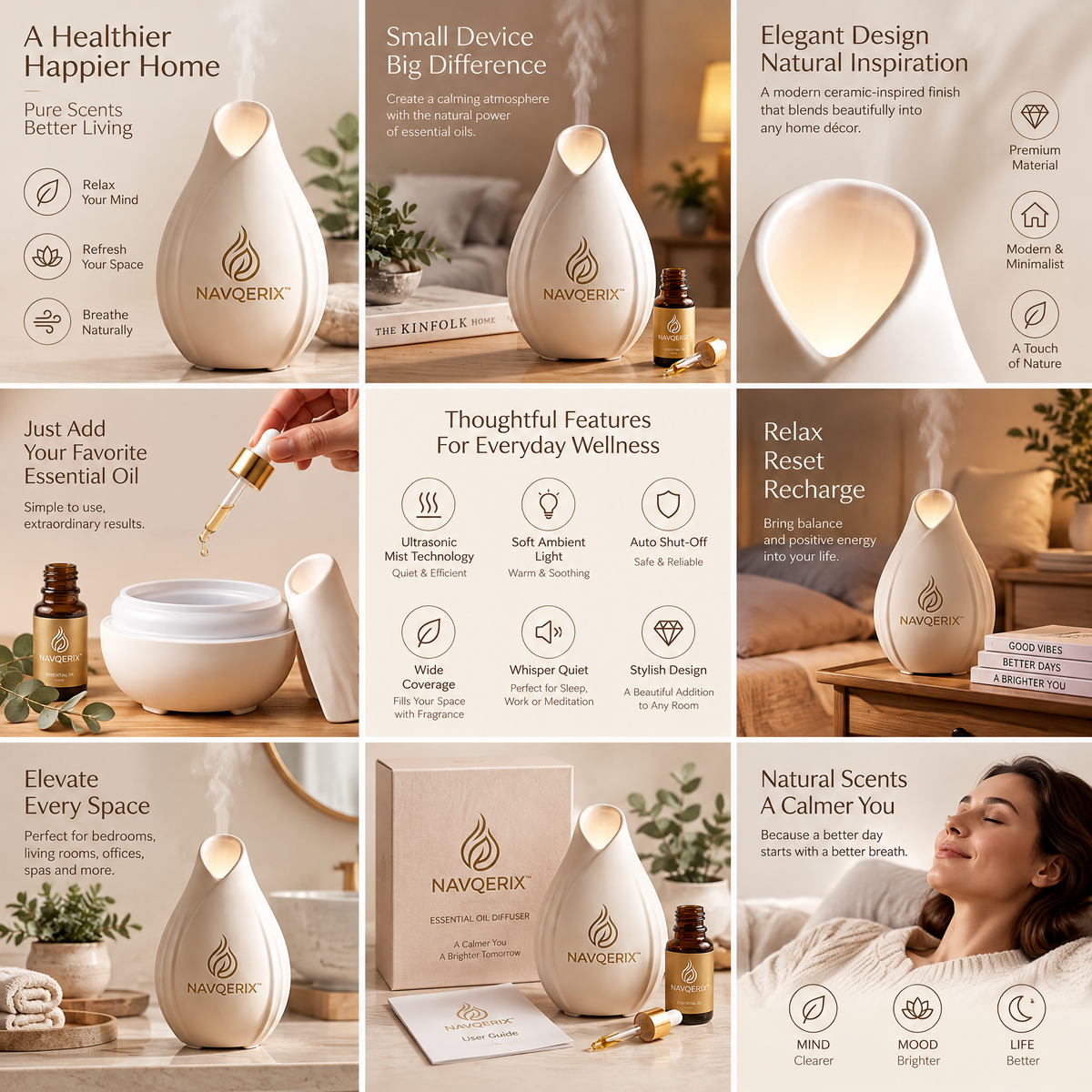 NAVQERIX™ Ceramic Essential Oil Diffuser – Teardrop Ultrasonic Aromatherapy Mist Humidifier with Warm Ambient Light