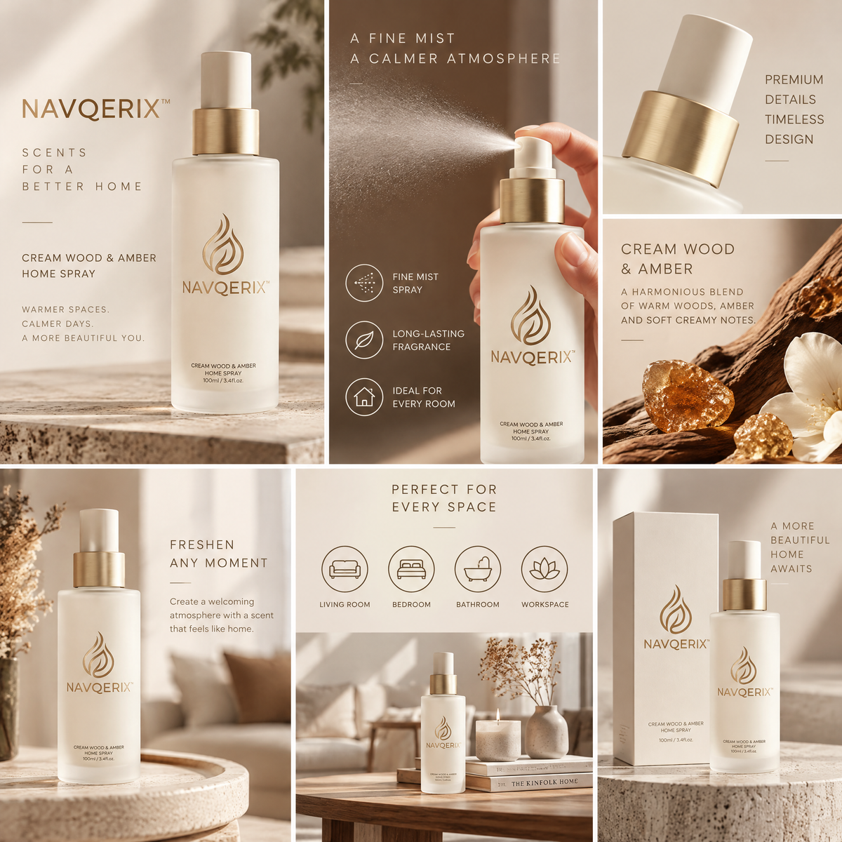 NAVQERIX™ Cream Wood &amp; Amber Luxury Home Spray – 100ml / 3.4 fl. oz. Room &amp; Linen Mist