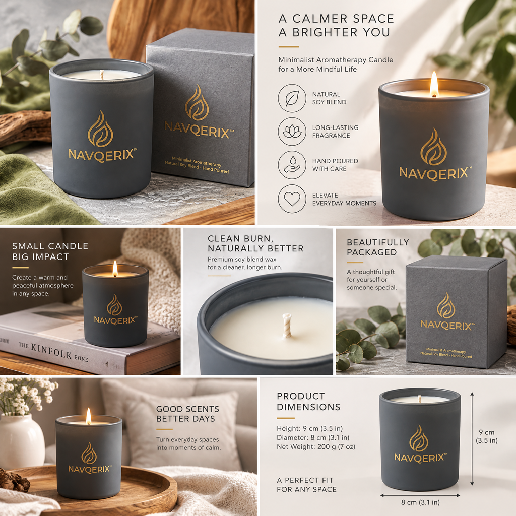 NAVQERIX™ Minimalist Aromatherapy Scented Candle – Matte Charcoal Grey Jar, Hand-Poured Natural Soy Wax Blend for Home Relaxation &amp; Modern Décor