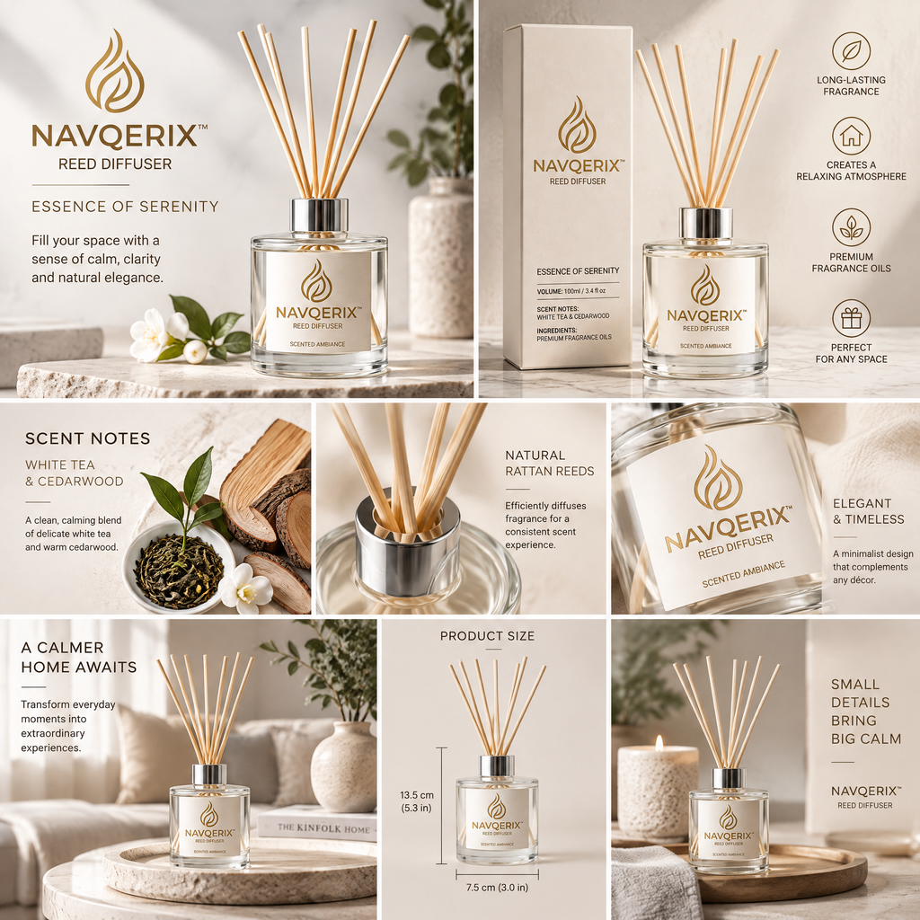 NAVQERIX™ Reed Diffuser – White Tea &amp; Cedarwood Scented Ambiance Aromatherapy Oil Diffuser Set for Home &amp; Office Decor (100ml / 3.4 fl oz)