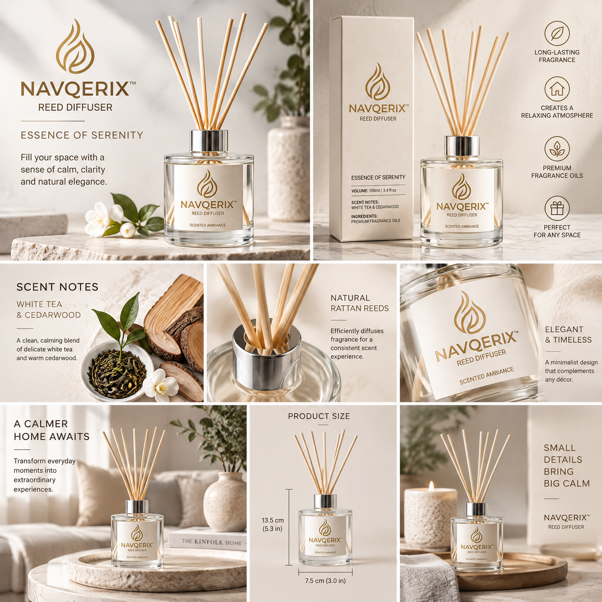 NAVQERIX™ Reed Diffuser – White Tea &amp; Cedarwood Scented Ambiance Aromatherapy Oil Diffuser Set for Home &amp; Office Decor (100ml / 3.4 fl oz)
