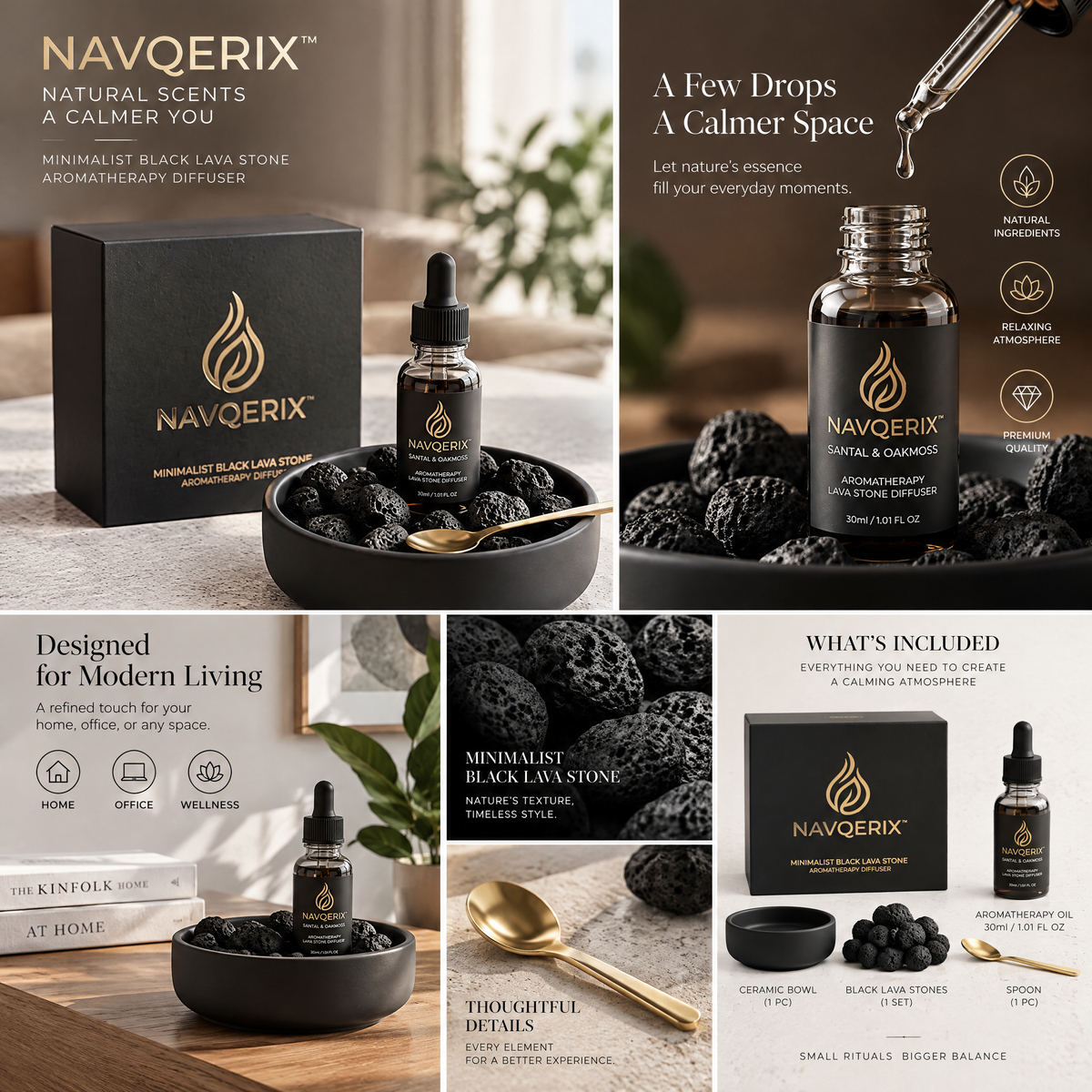 NAVQERIX™ Minimalist Black Lava Stone Diffuser Set with Santal &amp; Oakmoss Essential Oil (30ml) – Matte Ceramic Bowl &amp; Gold Accent Spoon