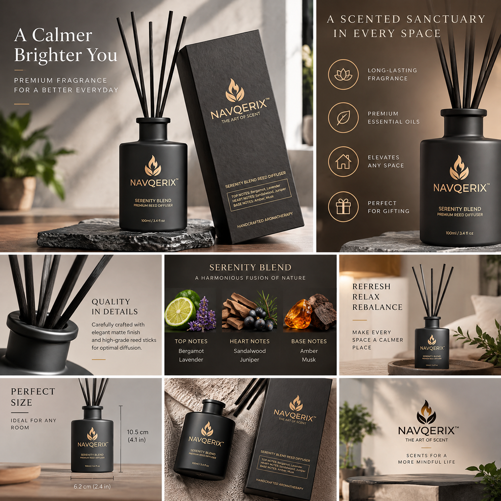 NAVQERIX™ Serenity Blend Reed Diffuser (100ml / 3.4 fl oz) – Luxury Matte Black Aromatherapy Scented Oil Diffuser with Reeds – Bergamot, Sandalwood &amp; Amber Long-Lasting Home Fragrance Decor