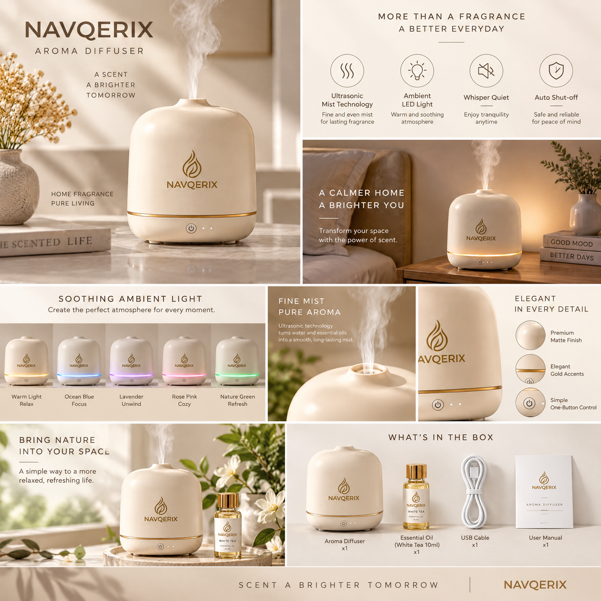 Navqerix™ Ceramic Essential Oil Diffuser Gift Set with 10ml White Tea Oil, Ultra-Quiet Ultrasonic Aromatherapy Humidifier for Home, Bedroom &amp; Office
