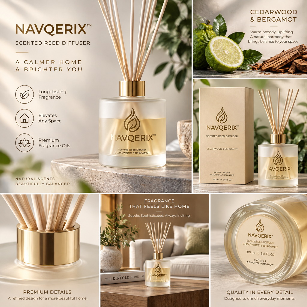 NAVQERIX™ Cedarwood &amp; Bergamot Scented Reed Diffuser – Frosted Glass Aromatherapy Essential Oil Diffuser with Natural Reeds for Home &amp; Office