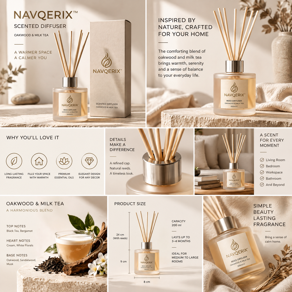 NAVQERIX™ Oakwood &amp; Milk Tea Luxury Reed Diffuser (200ml) – Long-Lasting Natural Rattan Scent Diffuser for Home, Office &amp; Gifting