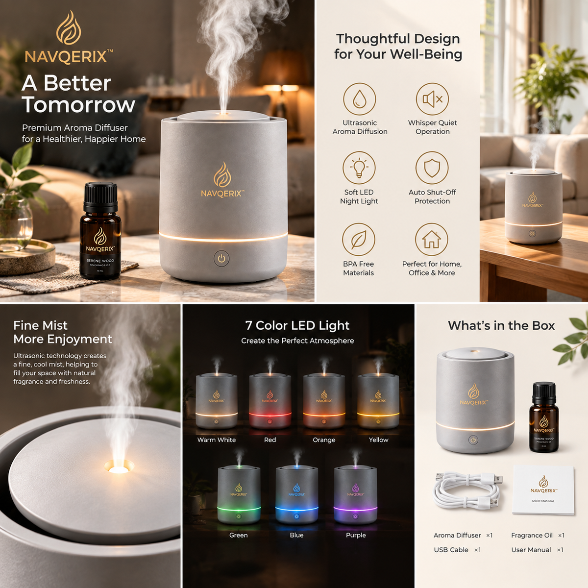 NAVQERIX™ Ultrasonic Aroma Diffuser Set with Warm Ambient Light &amp; 10ml Serene Wood Essential Oil – Modern Matte Finish Whisper-Quiet Aromatherapy Diffuser for Home, Office &amp; Bedroom Decor