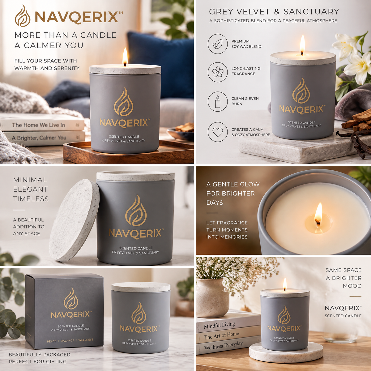 Navqerix™ Scented Candle – "Grey Velvet &amp; Sanctuary", Luxury Matte Grey Soy Aromatherapy Candle with Concrete Lid &amp; Natural Wood Stand, Ideal for Stress Relief &amp; Home Decor
