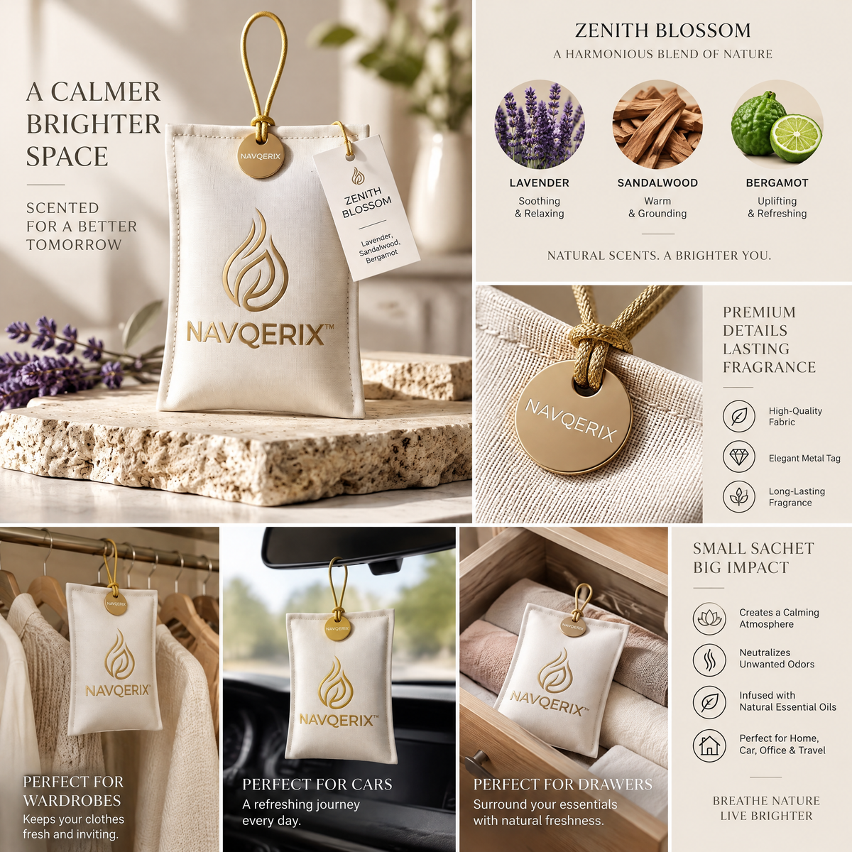 NAVQERIX™ Luxury Scented Sachet – "Zenith Blossom" Hanging Closet &amp; Drawer Freshener with Essential Oils (Lavender, Sandalwood &amp; Bergamot)