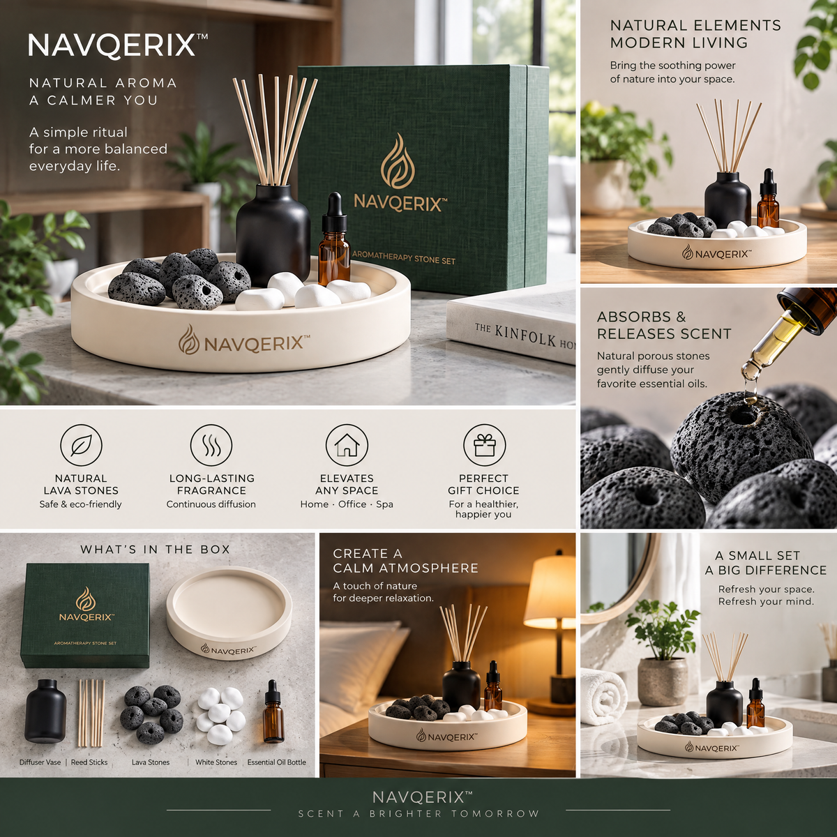 NAVQERIX™ Luxury Aromatherapy Stone Set – Natural Lava Rocks &amp; Pebble Diffuser with Essential Oil Dropper, Matte Black Reed Diffuser, Ceramic Display Tray &amp; Premium Gift Box for Home, Spa &amp; Meditation