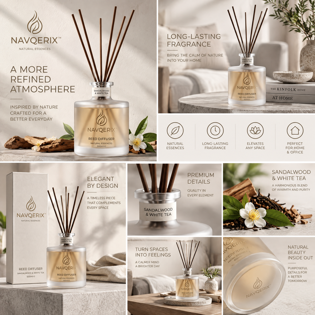 NAVQERIX™ Luxury Reed Diffuser – Sandalwood &amp; White Tea (500ml / 16.9 fl. oz.) | Natural Essence Aromatherapy Home Fragrance with Premium Rattan Reeds