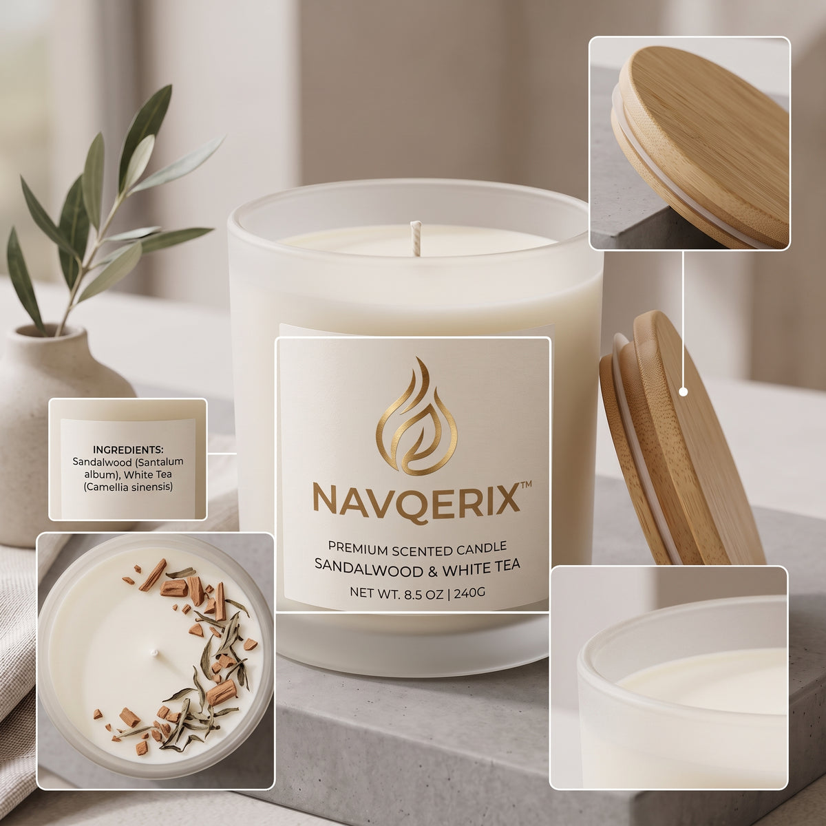NAVQERIX™ Sandalwood &amp; White Tea Scented Candle – 8.5 oz / 240g Natural Soy Wax Aromatherapy Candle in Frosted Glass Jar with Wooden Lid