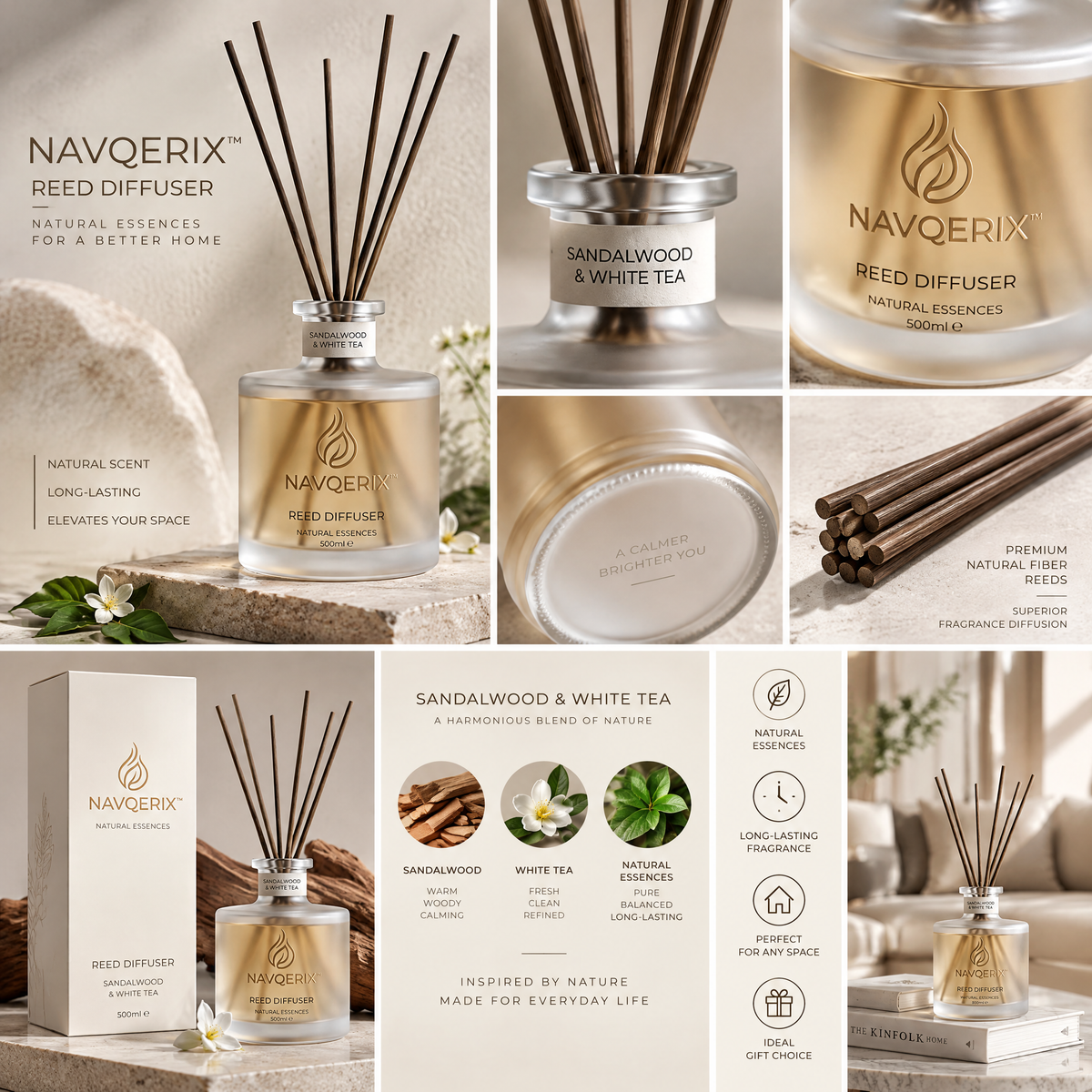 NAVQERIX™ Luxury Reed Diffuser – Sandalwood &amp; White Tea (500ml / 16.9 fl. oz.) | Natural Essence Aromatherapy Home Fragrance with Premium Rattan Reeds