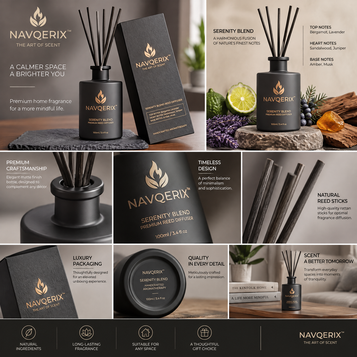 NAVQERIX™ Serenity Blend Reed Diffuser (100ml / 3.4 fl oz) – Luxury Matte Black Aromatherapy Scented Oil Diffuser with Reeds – Bergamot, Sandalwood &amp; Amber Long-Lasting Home Fragrance Decor