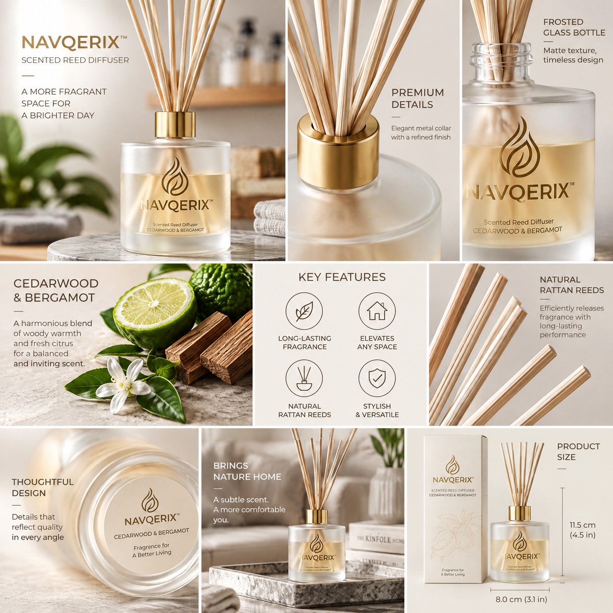 NAVQERIX™ Cedarwood &amp; Bergamot Scented Reed Diffuser – Frosted Glass Aromatherapy Essential Oil Diffuser with Natural Reeds for Home &amp; Office