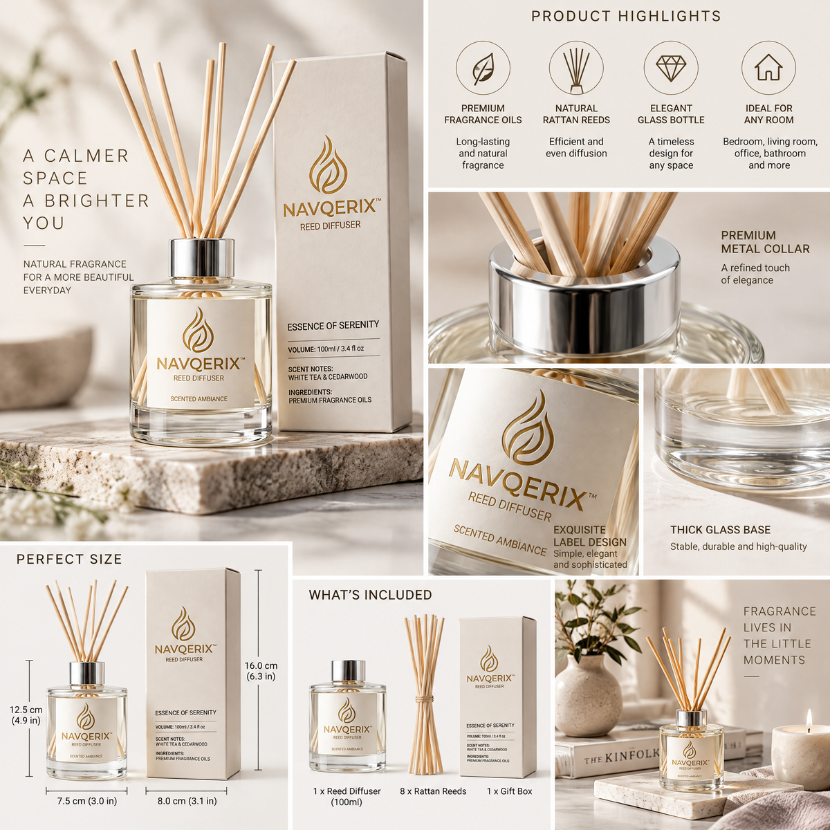 NAVQERIX™ Reed Diffuser – White Tea &amp; Cedarwood Scented Ambiance Aromatherapy Oil Diffuser Set for Home &amp; Office Decor (100ml / 3.4 fl oz)