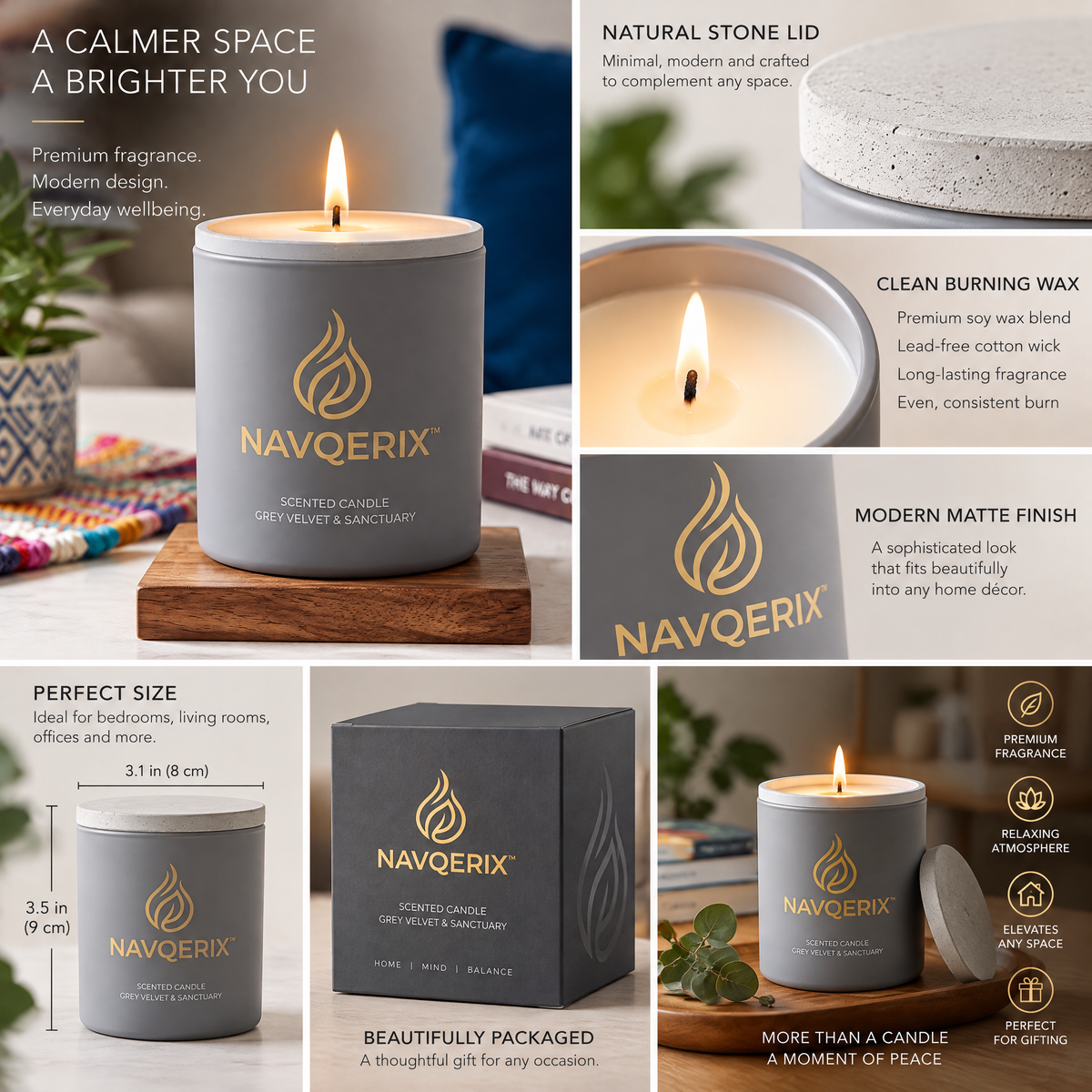 Navqerix™ Scented Candle – "Grey Velvet &amp; Sanctuary", Luxury Matte Grey Soy Aromatherapy Candle with Concrete Lid &amp; Natural Wood Stand, Ideal for Stress Relief &amp; Home Decor