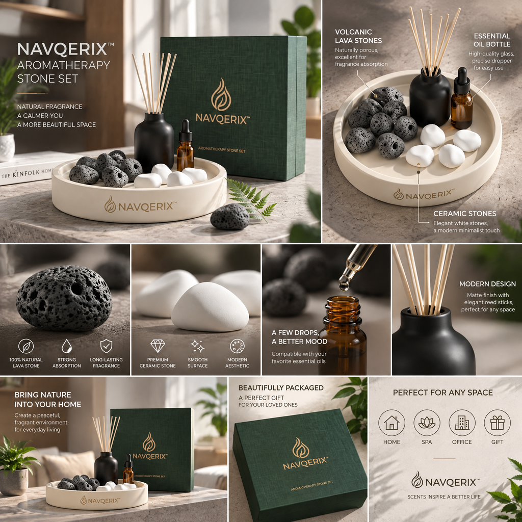 NAVQERIX™ Luxury Aromatherapy Stone Set – Natural Lava Rocks &amp; Pebble Diffuser with Essential Oil Dropper, Matte Black Reed Diffuser, Ceramic Display Tray &amp; Premium Gift Box for Home, Spa &amp; Meditation