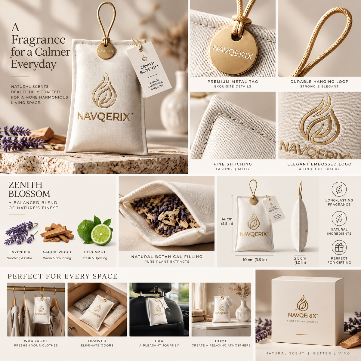 NAVQERIX™ Luxury Scented Sachet – "Zenith Blossom" Hanging Closet &amp; Drawer Freshener with Essential Oils (Lavender, Sandalwood &amp; Bergamot)