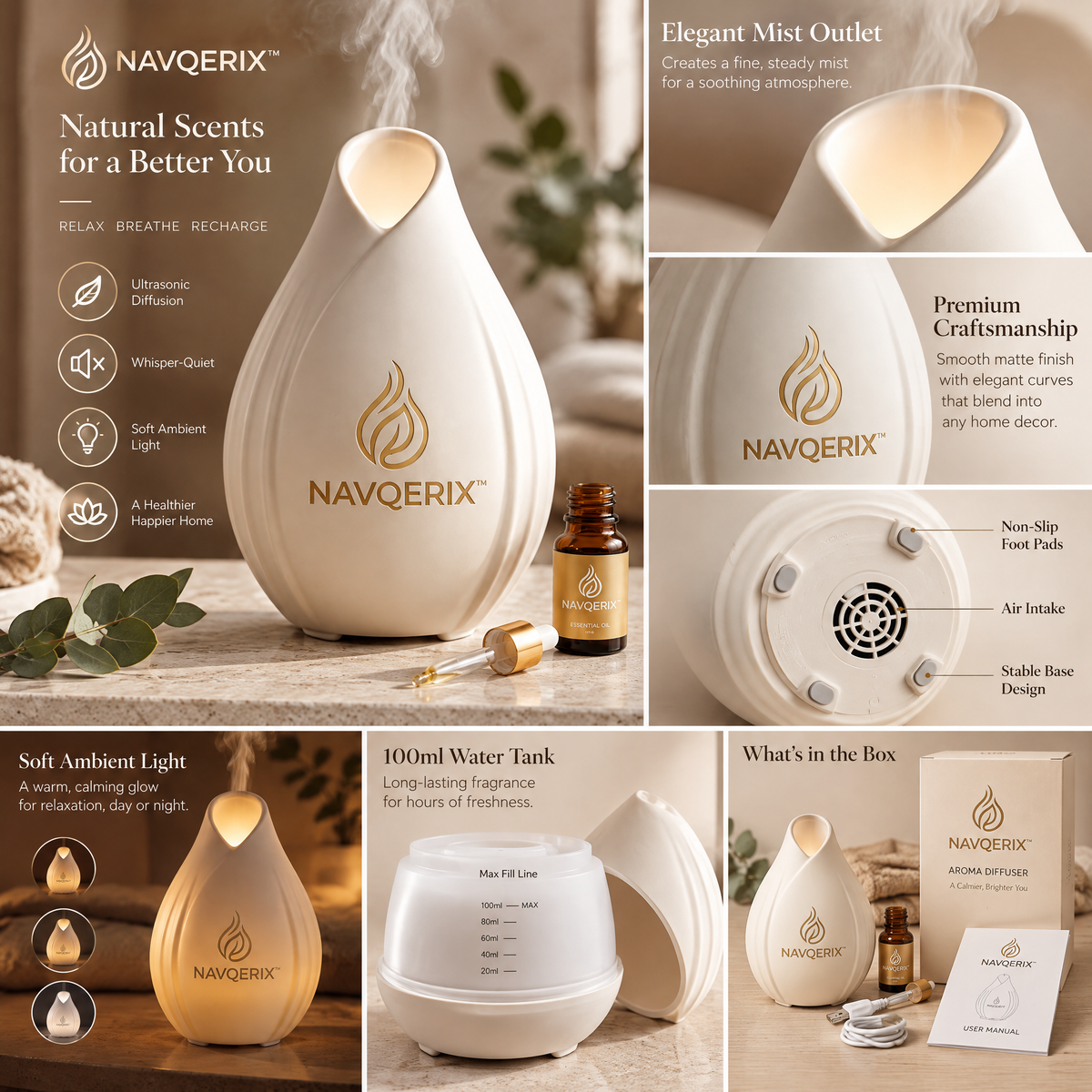 NAVQERIX™ Ceramic Essential Oil Diffuser – Teardrop Ultrasonic Aromatherapy Mist Humidifier with Warm Ambient Light