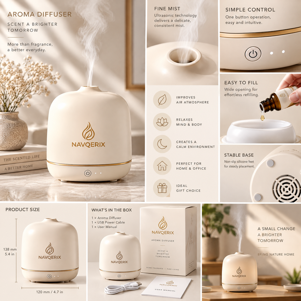 Navqerix™ Ceramic Essential Oil Diffuser Gift Set with 10ml White Tea Oil, Ultra-Quiet Ultrasonic Aromatherapy Humidifier for Home, Bedroom &amp; Office
