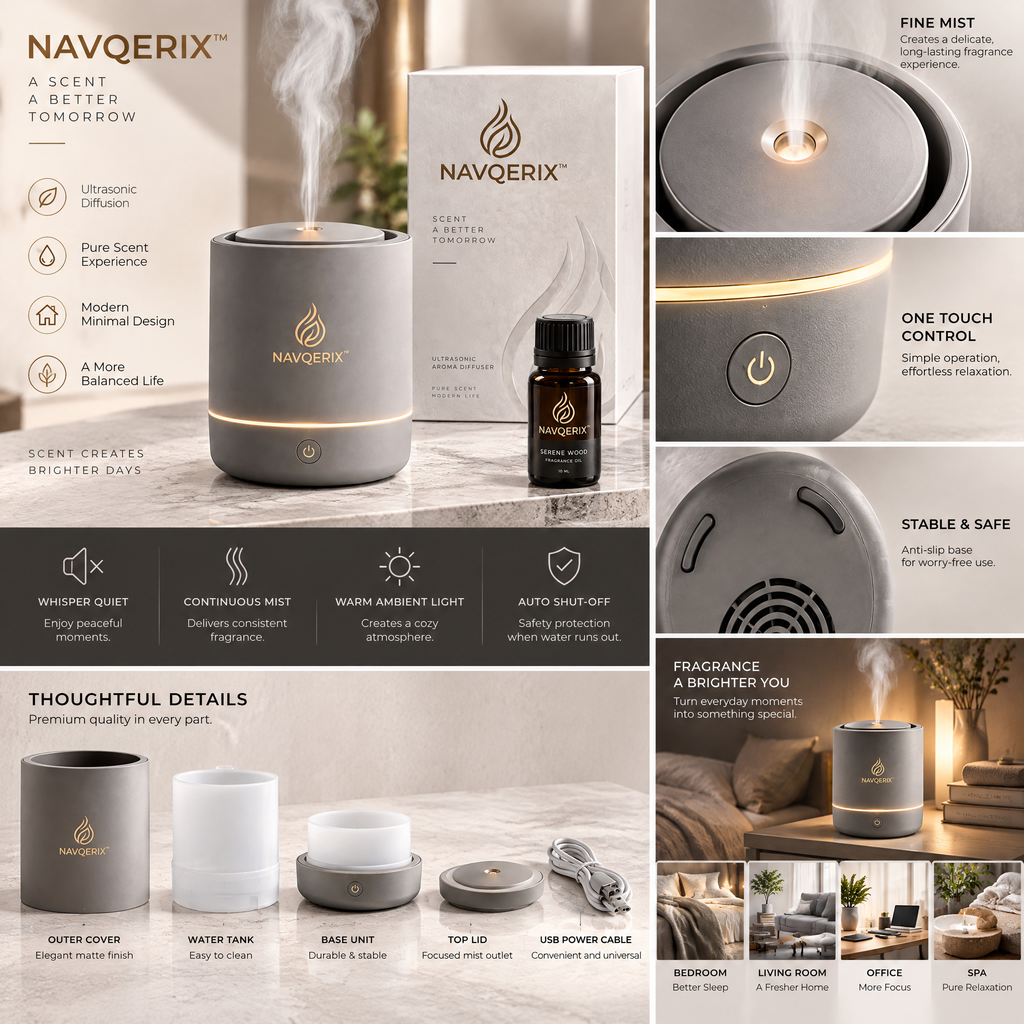 NAVQERIX™ Ultrasonic Aroma Diffuser Set with Warm Ambient Light &amp; 10ml Serene Wood Essential Oil – Modern Matte Finish Whisper-Quiet Aromatherapy Diffuser for Home, Office &amp; Bedroom Decor