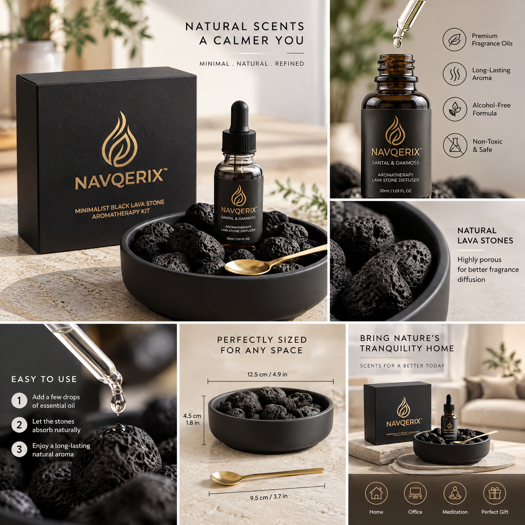 NAVQERIX™ Minimalist Black Lava Stone Diffuser Set with Santal &amp; Oakmoss Essential Oil (30ml) – Matte Ceramic Bowl &amp; Gold Accent Spoon