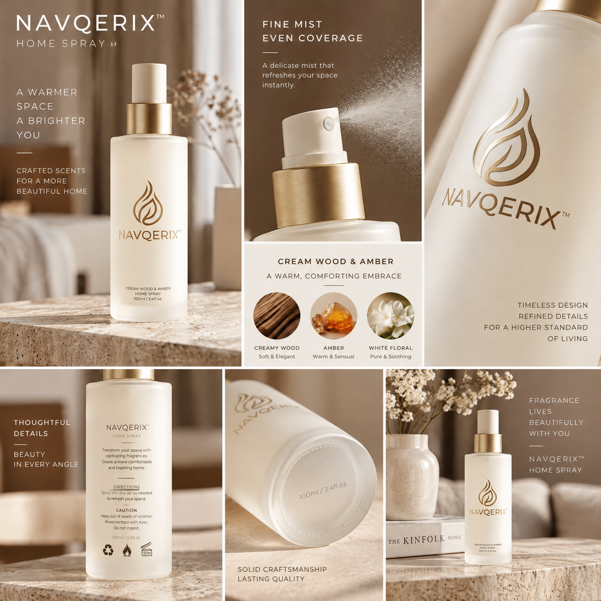 NAVQERIX™ Cream Wood &amp; Amber Luxury Home Spray – 100ml / 3.4 fl. oz. Room &amp; Linen Mist