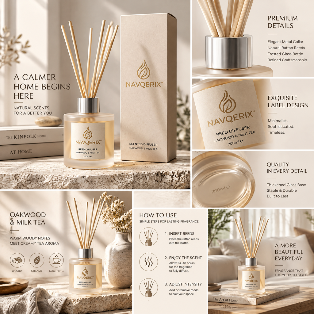 NAVQERIX™ Oakwood &amp; Milk Tea Luxury Reed Diffuser (200ml) – Long-Lasting Natural Rattan Scent Diffuser for Home, Office &amp; Gifting