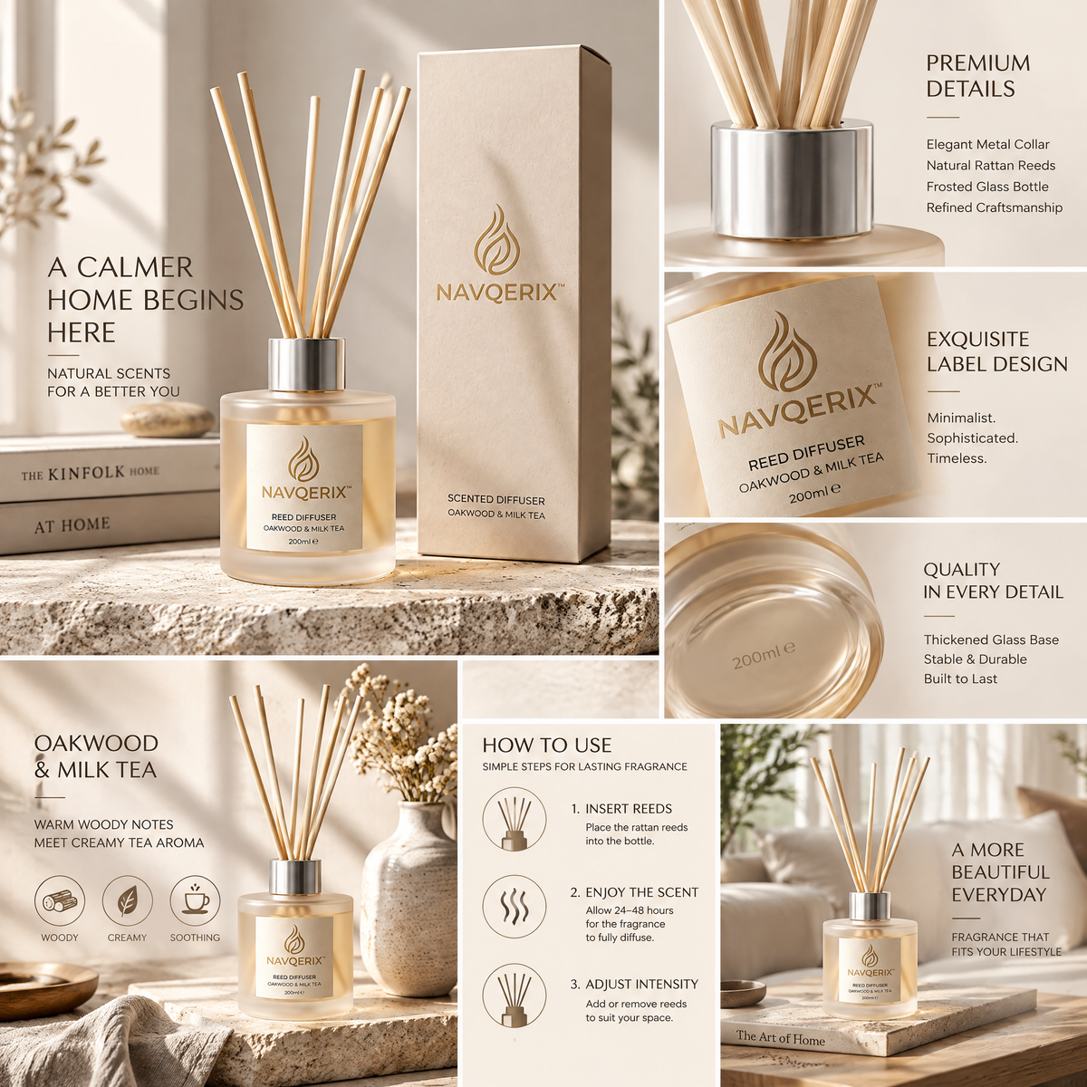 NAVQERIX™ Oakwood &amp; Milk Tea Luxury Reed Diffuser (200ml) – Long-Lasting Natural Rattan Scent Diffuser for Home, Office &amp; Gifting
