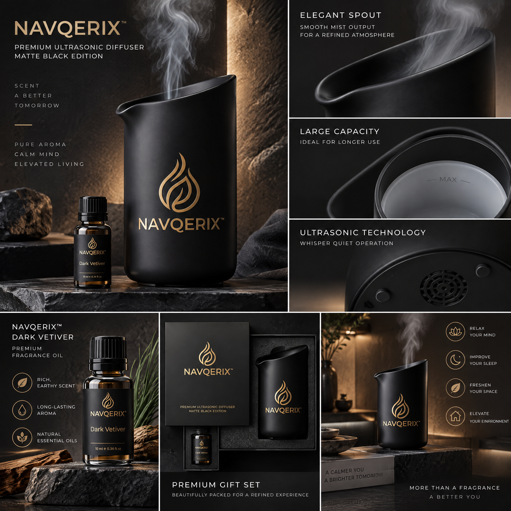 NAVQERIX™ Premium Ultrasonic Essential Oil Diffuser – Matte Black Edition with Signature "Dark Vetiver" Fragrance Oil